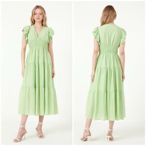 Free the Roses Green Midi Dress Size XS Ruffle Tiered Smocked Waist Feminine